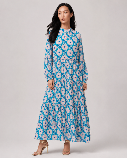 SABLE blue retro floral tiered maxi dress with mandarin collar by Neha Sharma Label