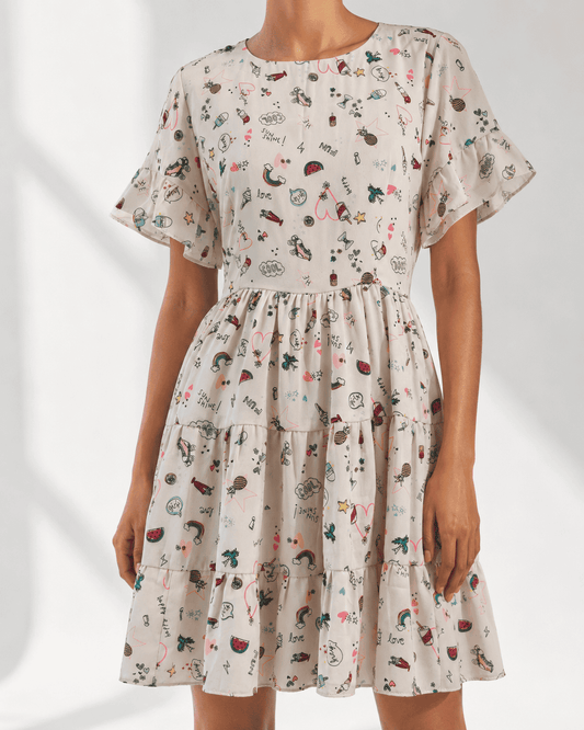 ELORA ivory doodle print tiered mini dress by Neha Sharma Label