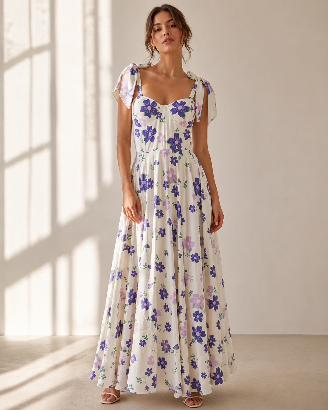 Model wearing DELPHINE purple floral corset maxi dress by Neha Sharma Label.
