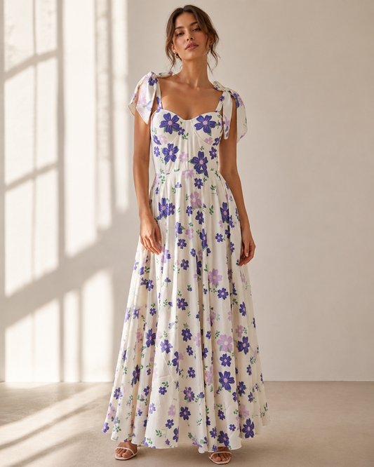 Model wearing DELPHINE purple floral corset maxi dress by Neha Sharma Label.