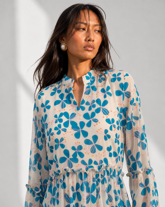 MIRELLE blue petal print maxi with flounce cuff sheer sleeves by Neha Sharma Label