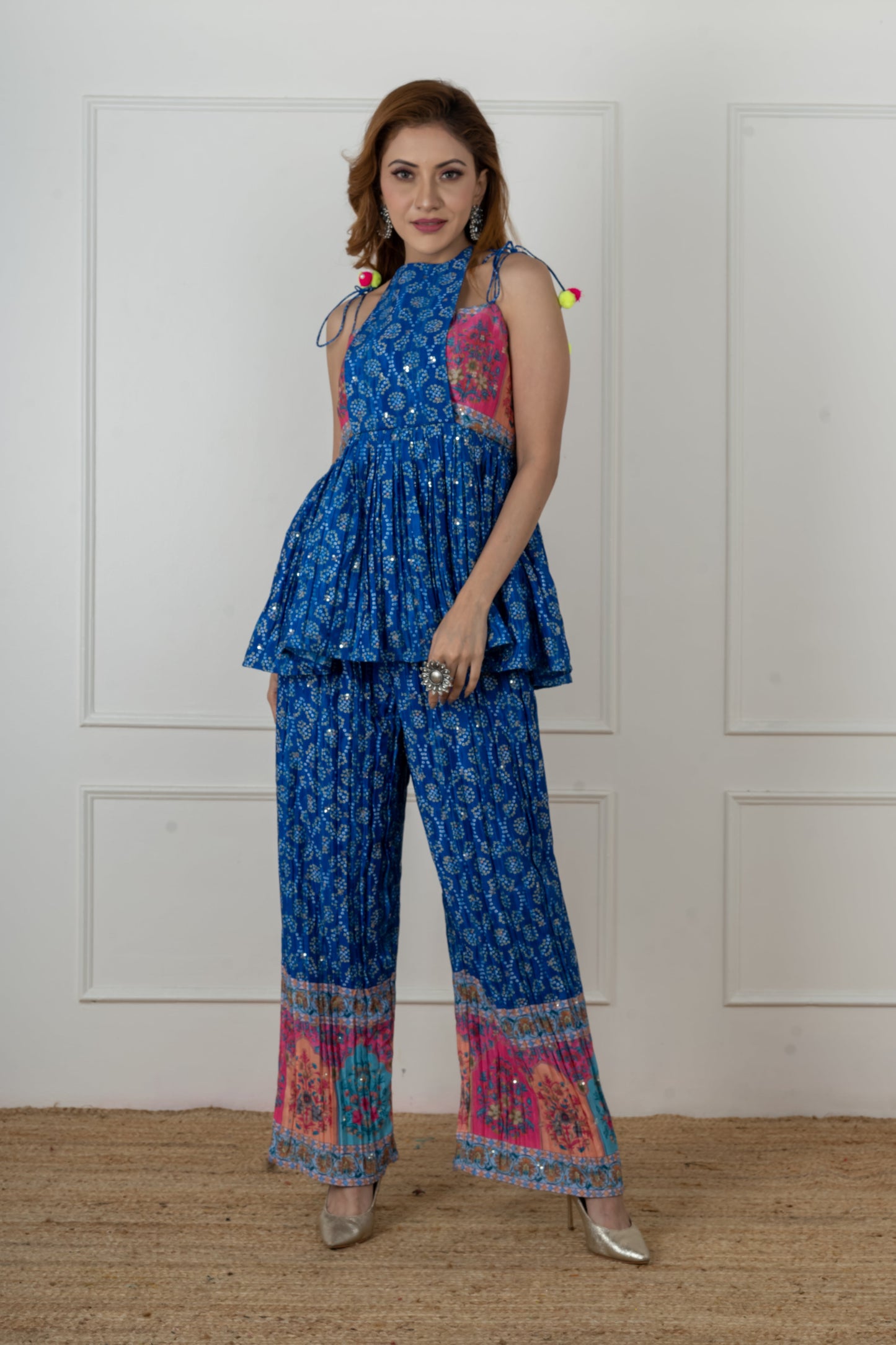 Sahira royal blue bandhani crinkle silk flap kurta set with sequin dots.