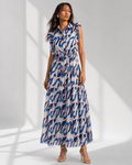 AZUREA - Blue Brushstroke Ruffle Maxi Shirtdress