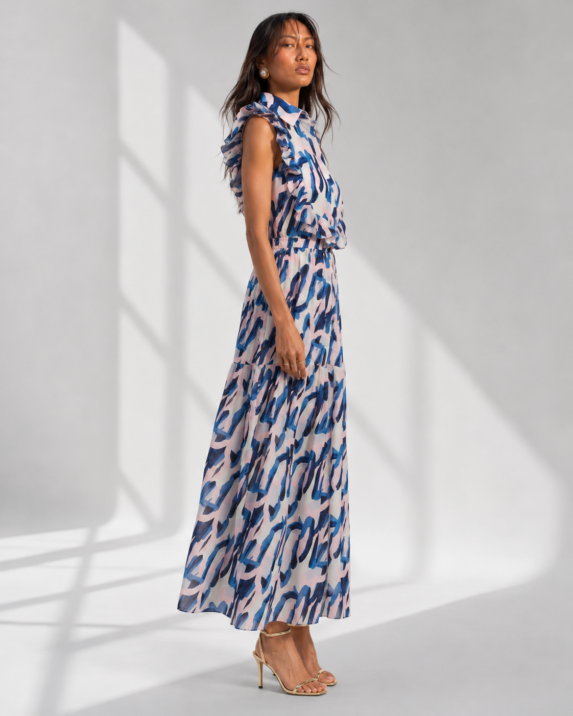 AZUREA ivory crepe shirtdress with blue brushstroke print and cascading ruffles by Neha Sharma Label