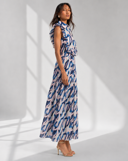 AZUREA ivory crepe shirtdress with blue brushstroke print and cascading ruffles by Neha Sharma Label