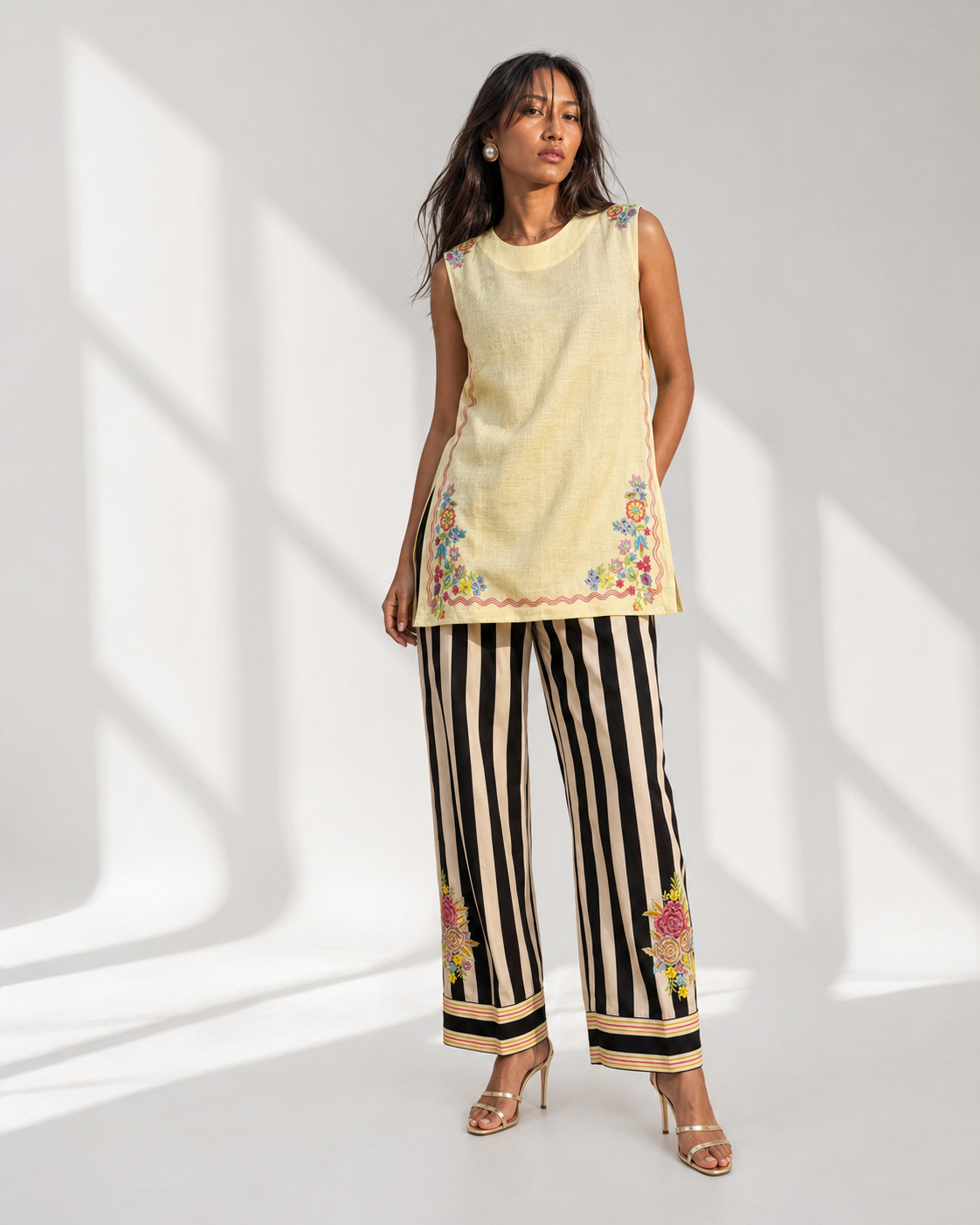 MONARA lemon embroidered sleeveless kurta with striped farshi salwar by Neha Sharma Label