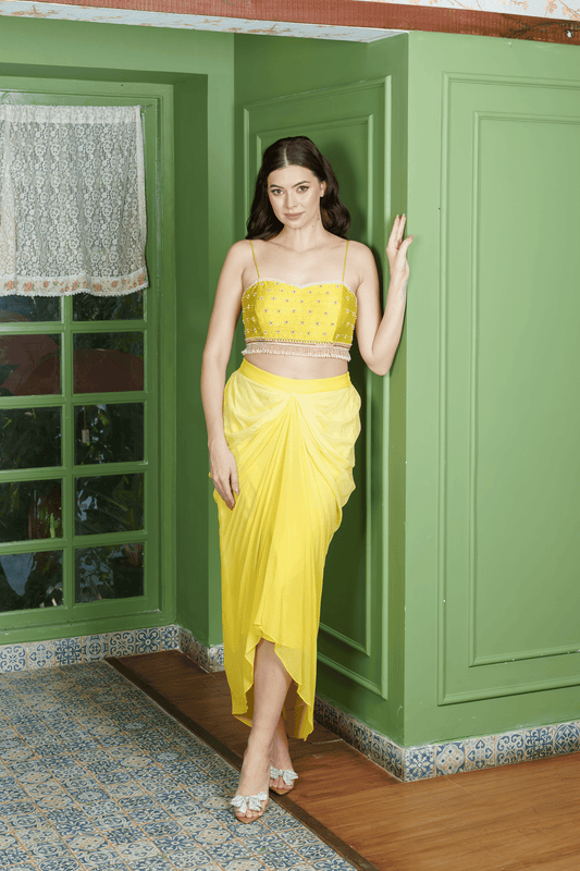 Citrus drape dhoti set with crop top in vibrant yellow