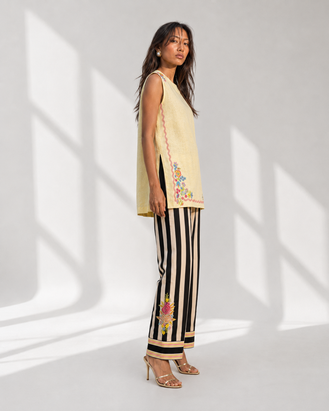 MONARA lemon embroidered kurta set with pockets and side slits by Neha Sharma Label