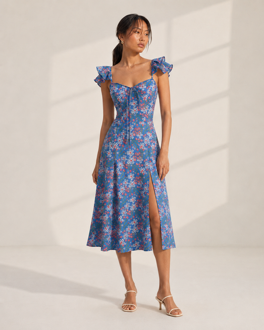 Model wearing ROMY blue floral print midi dress with ruffle straps by Neha Sharma Label.