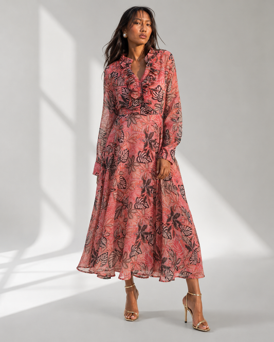CORALIA coral leaf print ruffle maxi dress by Neha Sharma Label