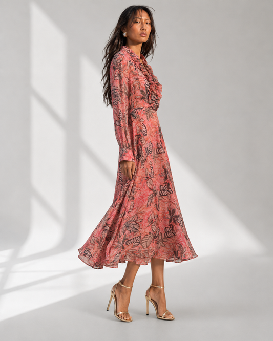 CORALIA coral georgette maxi with cascading ruffle jabot neckline by Neha Sharma Label
