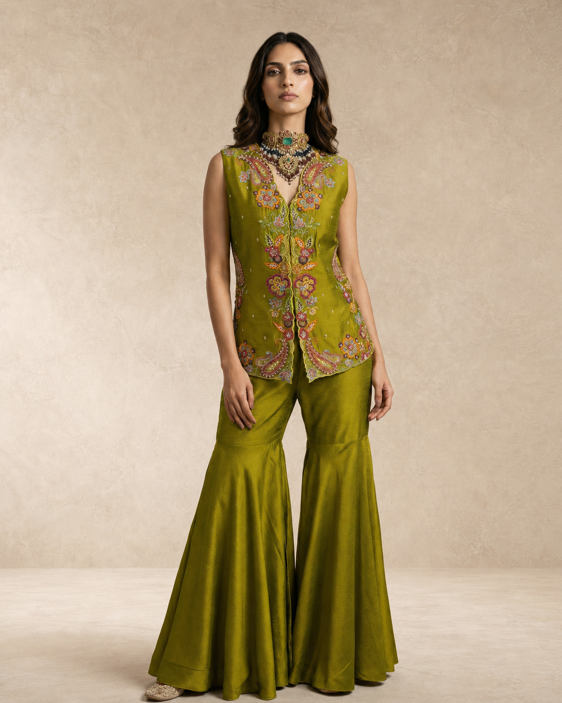 ZEHRA - Mehndi Green Embroidered Gharara Set