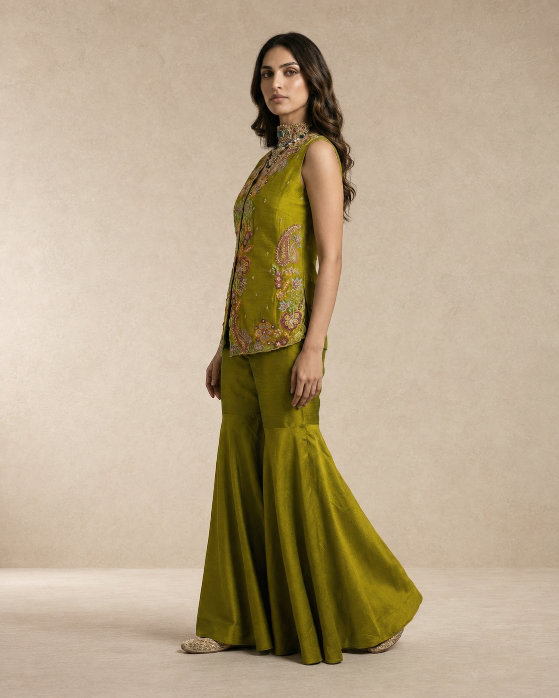 ZEHRA - Mehndi Green Embroidered Gharara Set