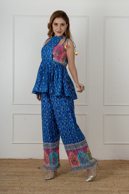 Sahira royal blue bandhani flap kurta and flared sharara, festive styling.