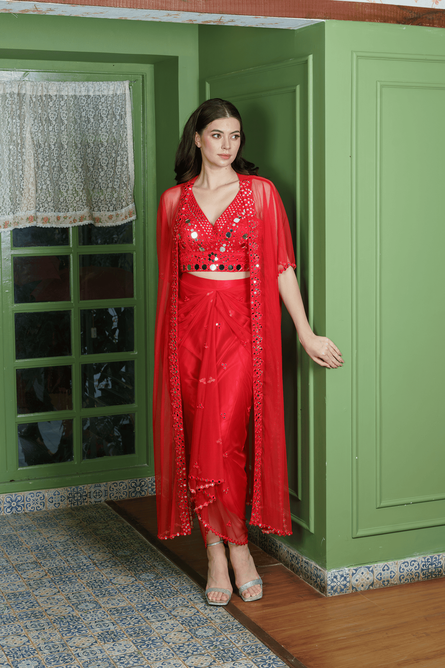Designer Mirror Embroidered Dhoti Skirt Set with Crop Top and Cape