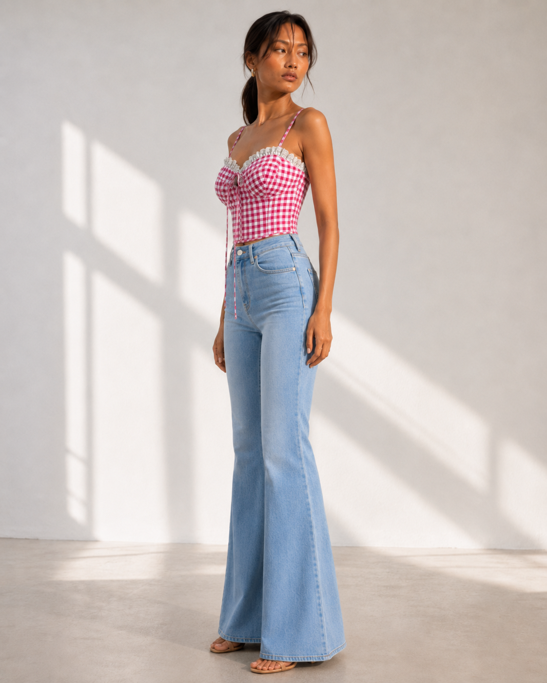 EDIE pink gingham bustier crop top with white lace trim and centre-front tie.