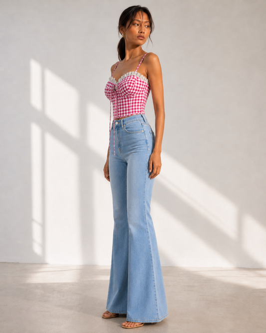 EDIE pink gingham bustier crop top with white lace trim and centre-front tie.