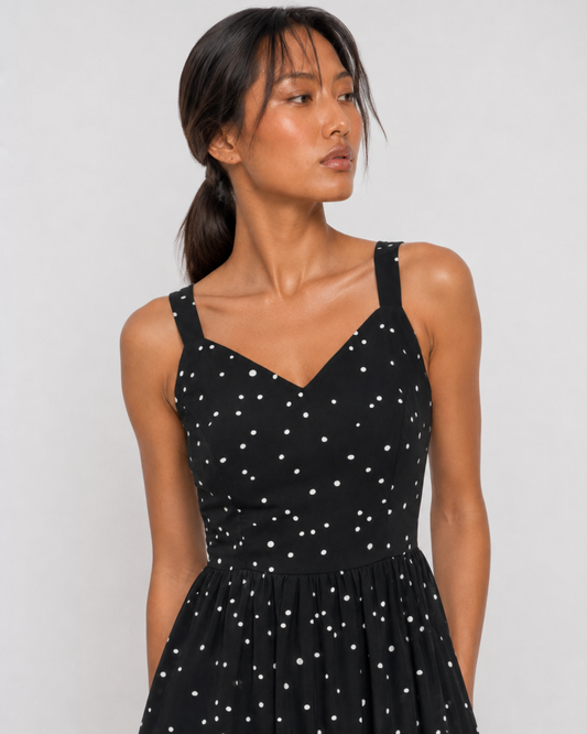 Back view of the VERA black polka dot mini dress showing the centre-back zip.