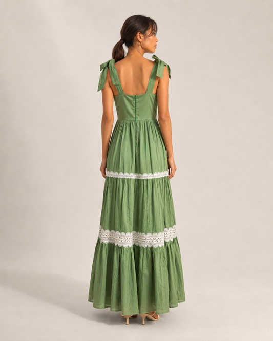 Back view of the MAEVE sage green tiered maxi dress.