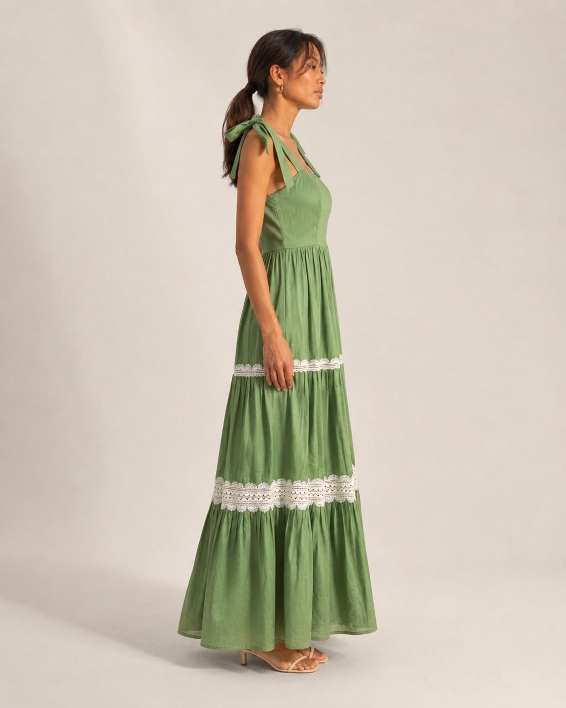 MAEVE green tiered maxi dress with tie-shoulder bows and square neckline.