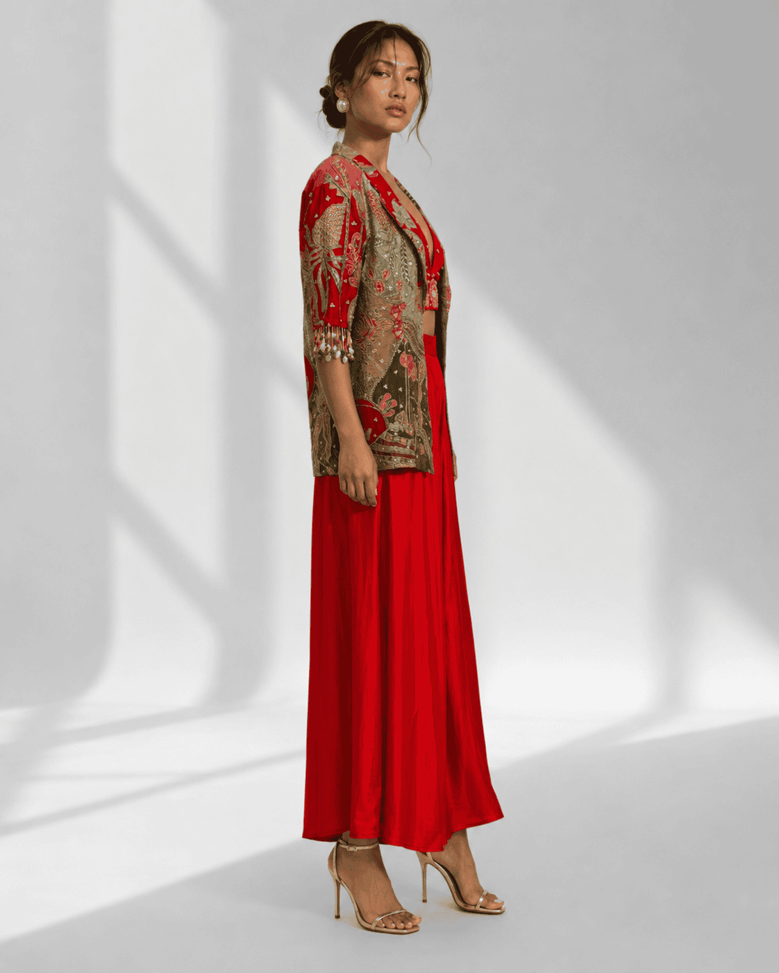 ROSELLA red bralette palazzo set with jacket open front by Neha Sharma Label