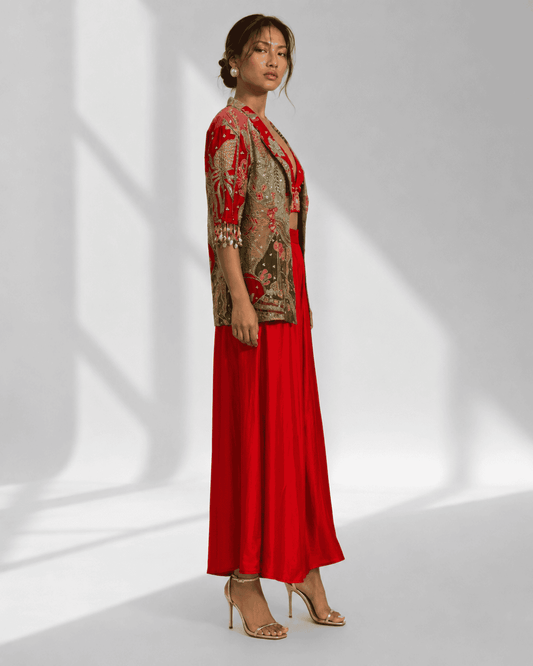 ROSELLA red bralette palazzo set with jacket open front by Neha Sharma Label