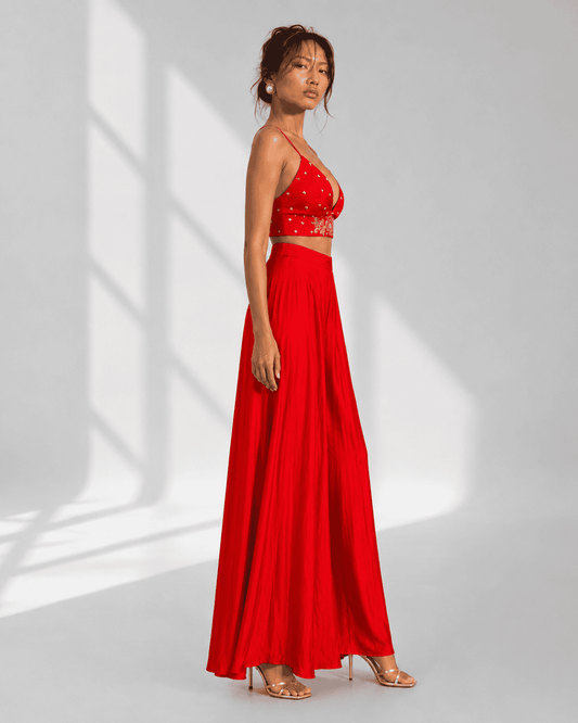 ROSELLA red bralette with sequin bead work and embroidered floral waistband by Neha Sharma Label