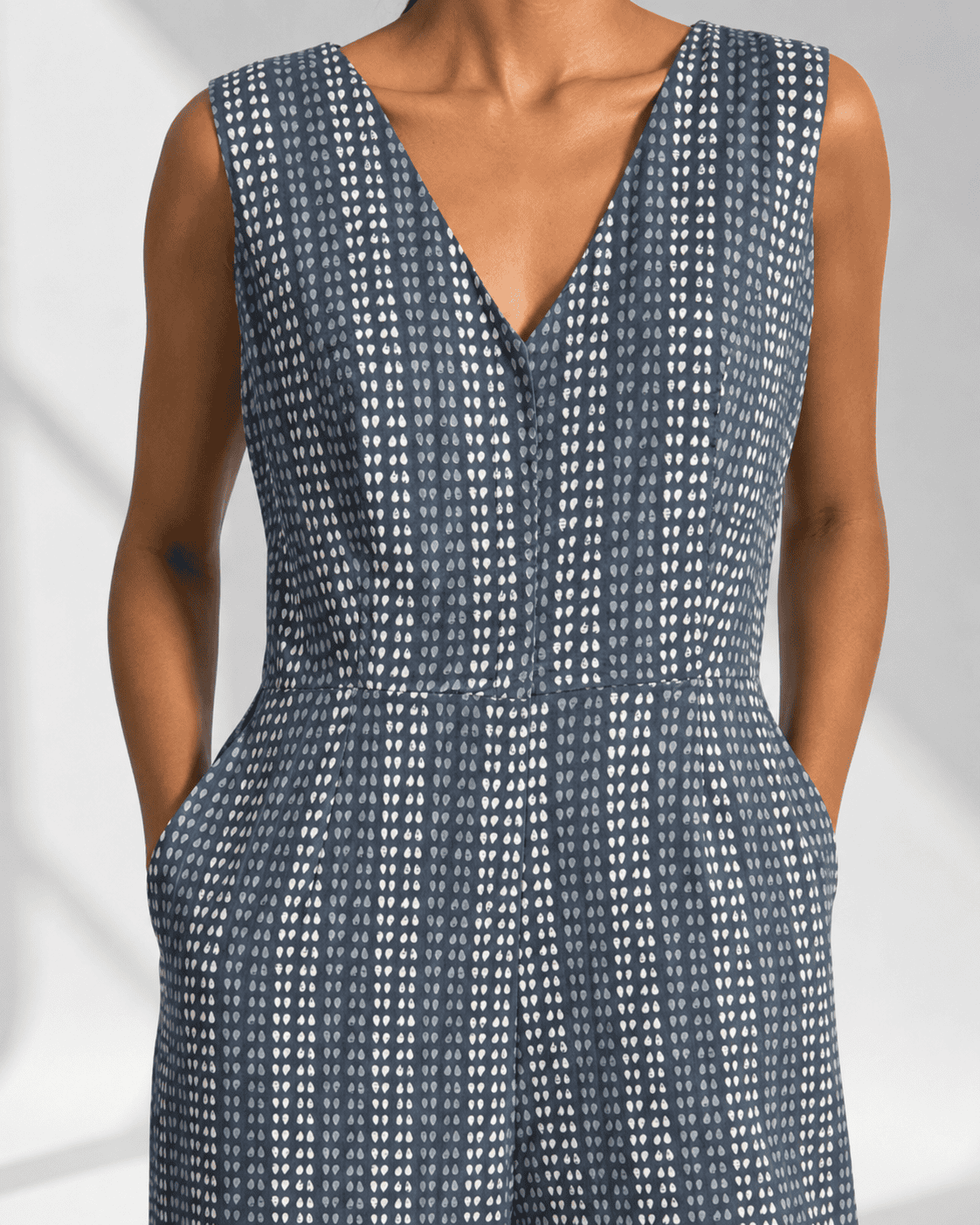 AVENZA grey teardrop print wide-leg jumpsuit with fitted waist by Neha Sharma Label