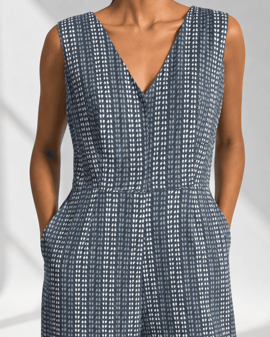 AVENZA grey teardrop print wide-leg jumpsuit with fitted waist by Neha Sharma Label