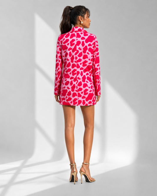 Back view of the FRANCA pink animal print blazer dress showing the tailored fit.