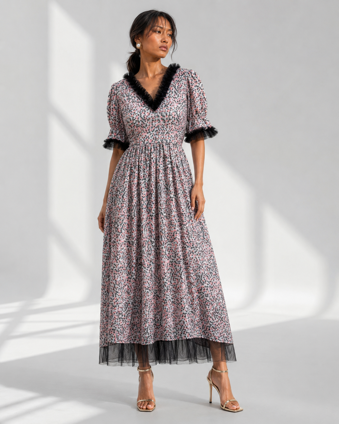 Neha Sharma Label MELUSINE grey pink speckle maxi dress with black tulle trims, front view on model.