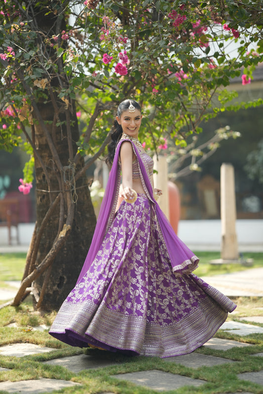 Lavender wedding lehenga ? showcasing zari embroidery and flowy silhouette
