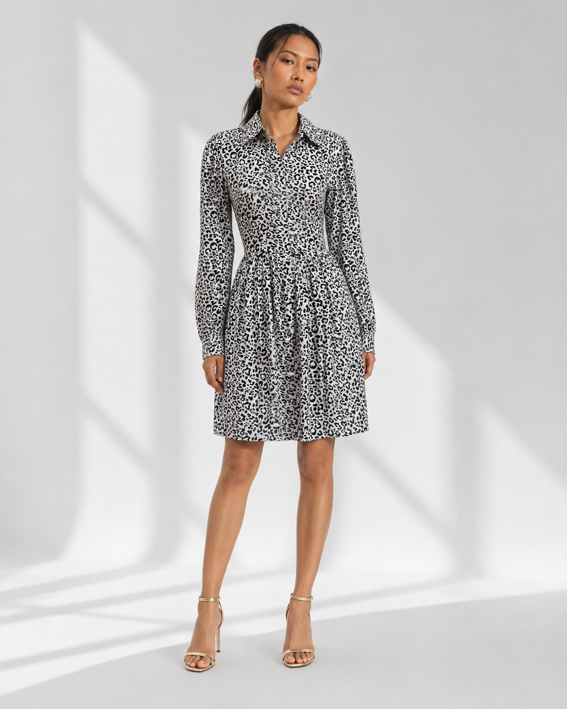 Neha Sharma Label LEONTINE monochrome leopard print shirt dress with oversized collar, front view.