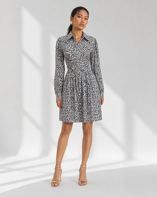 Neha Sharma Label LEONTINE monochrome leopard print shirt dress with oversized collar, front view.