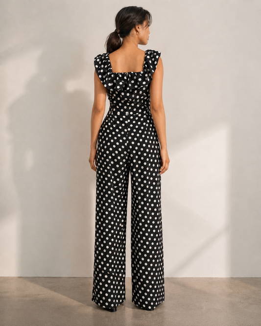 Back view of the ISLA black polka dot jumpsuit showing the ruffle across the back neckline.