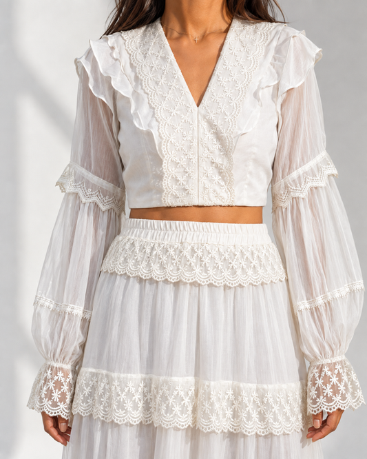 Close view of the lace trims, ruffled shoulders and elasticated skirt waist on the MORWENNA set.