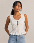 MARGOT - White Lace-Trim Tie-Front Peplum Top