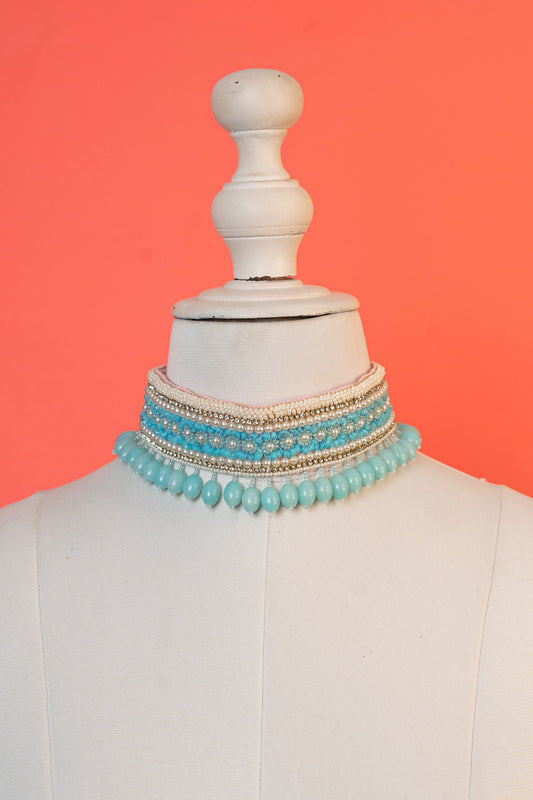 Blue pearl beaded handcrafted choker.