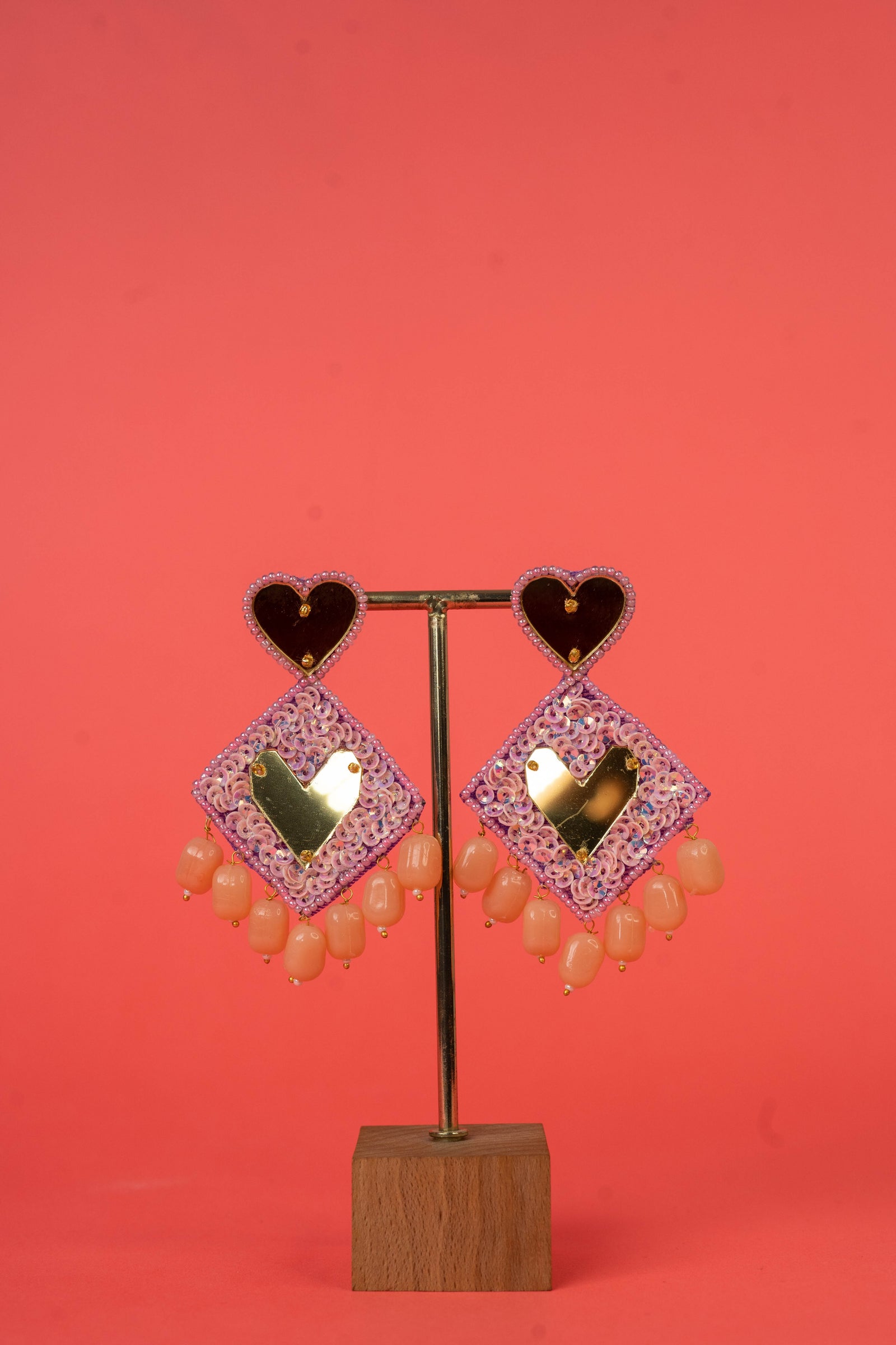 Pink Mirror Beaded Hand Embroidered Earrings