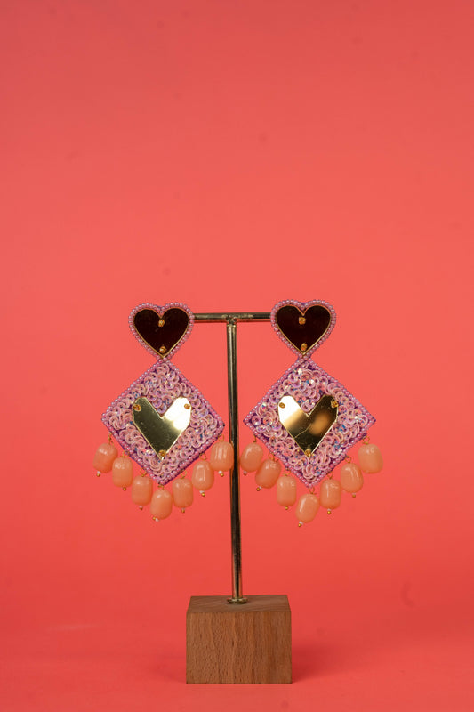 Pink Mirror Beaded Hand Embroidered Earrings