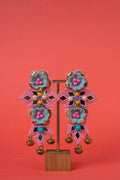 Blue floral beaded earrings with ghungroo hanging