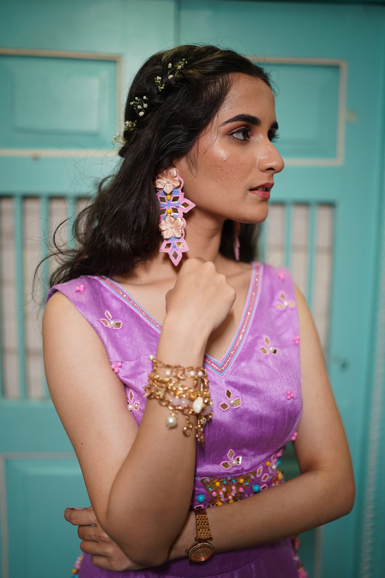 Floral blue beaded handcrafted earings