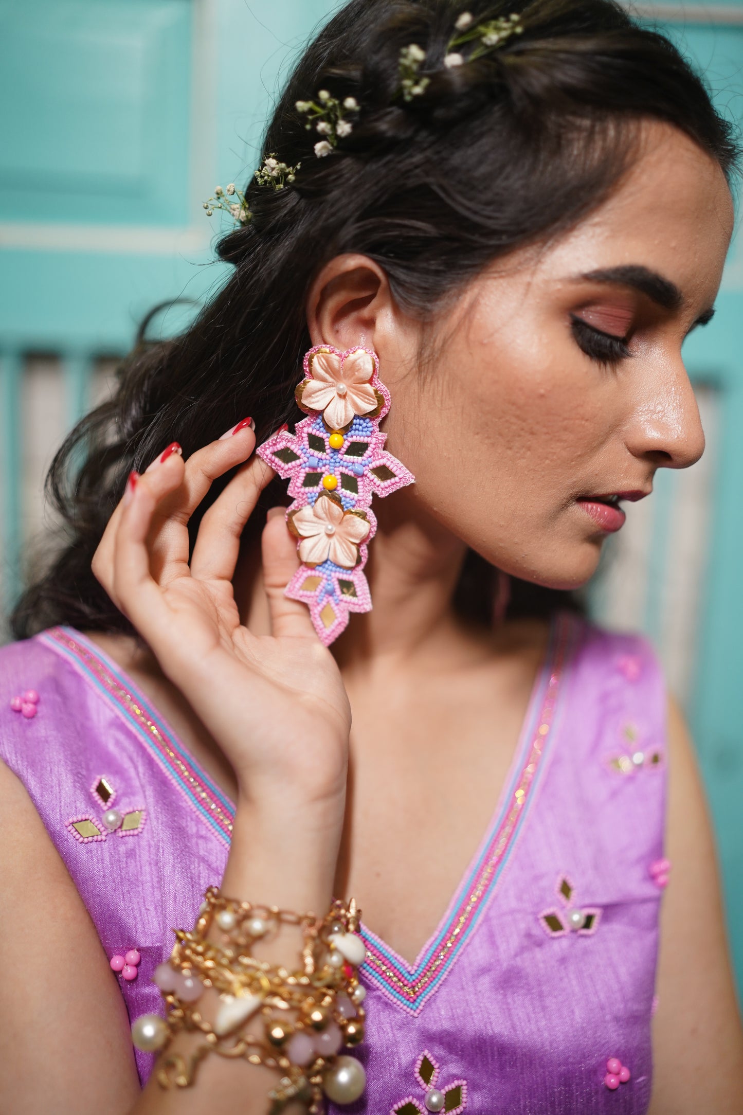 Floral blue beaded handcrafted earings