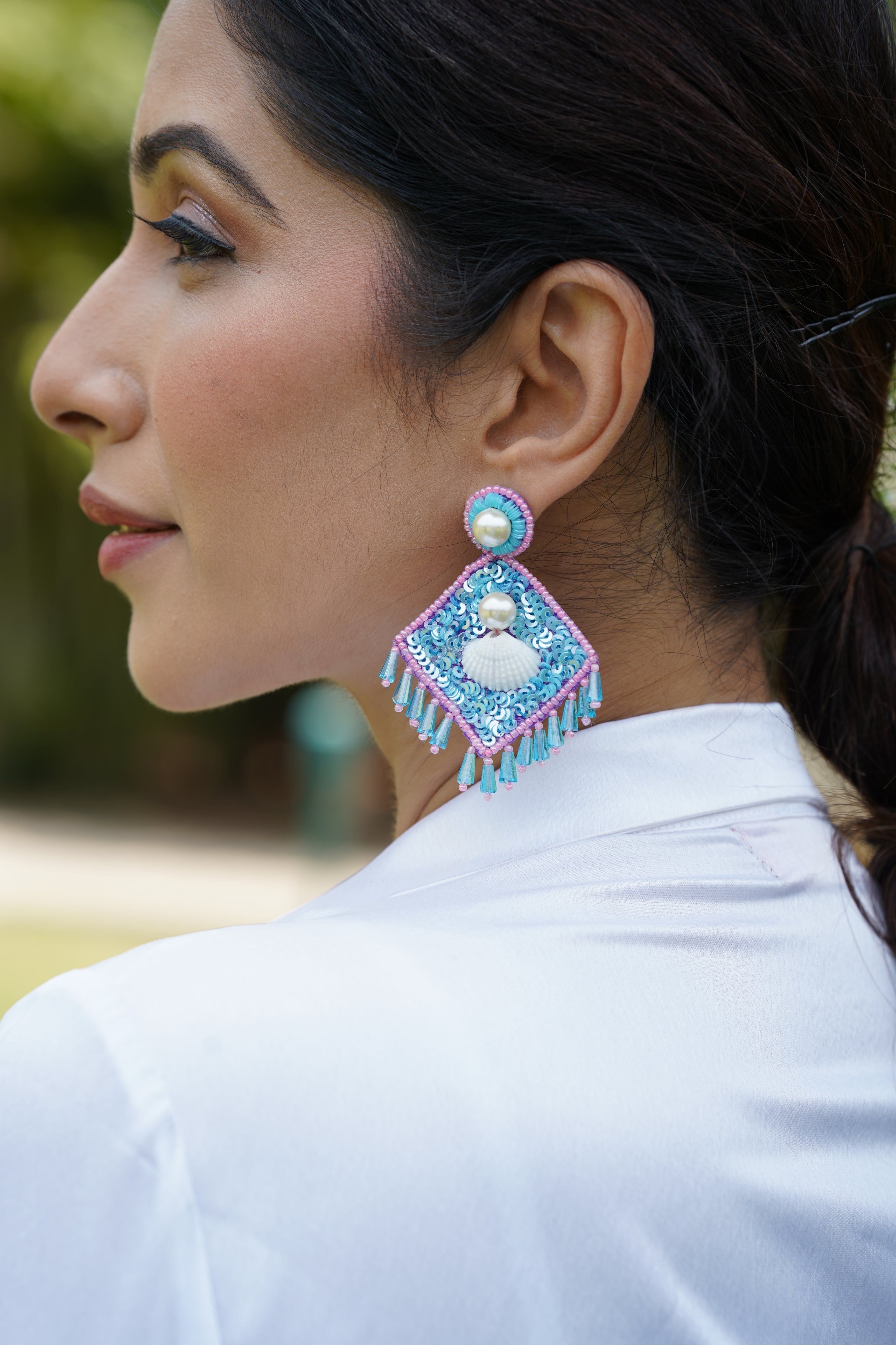 Blue shell & pearl beaded earrings