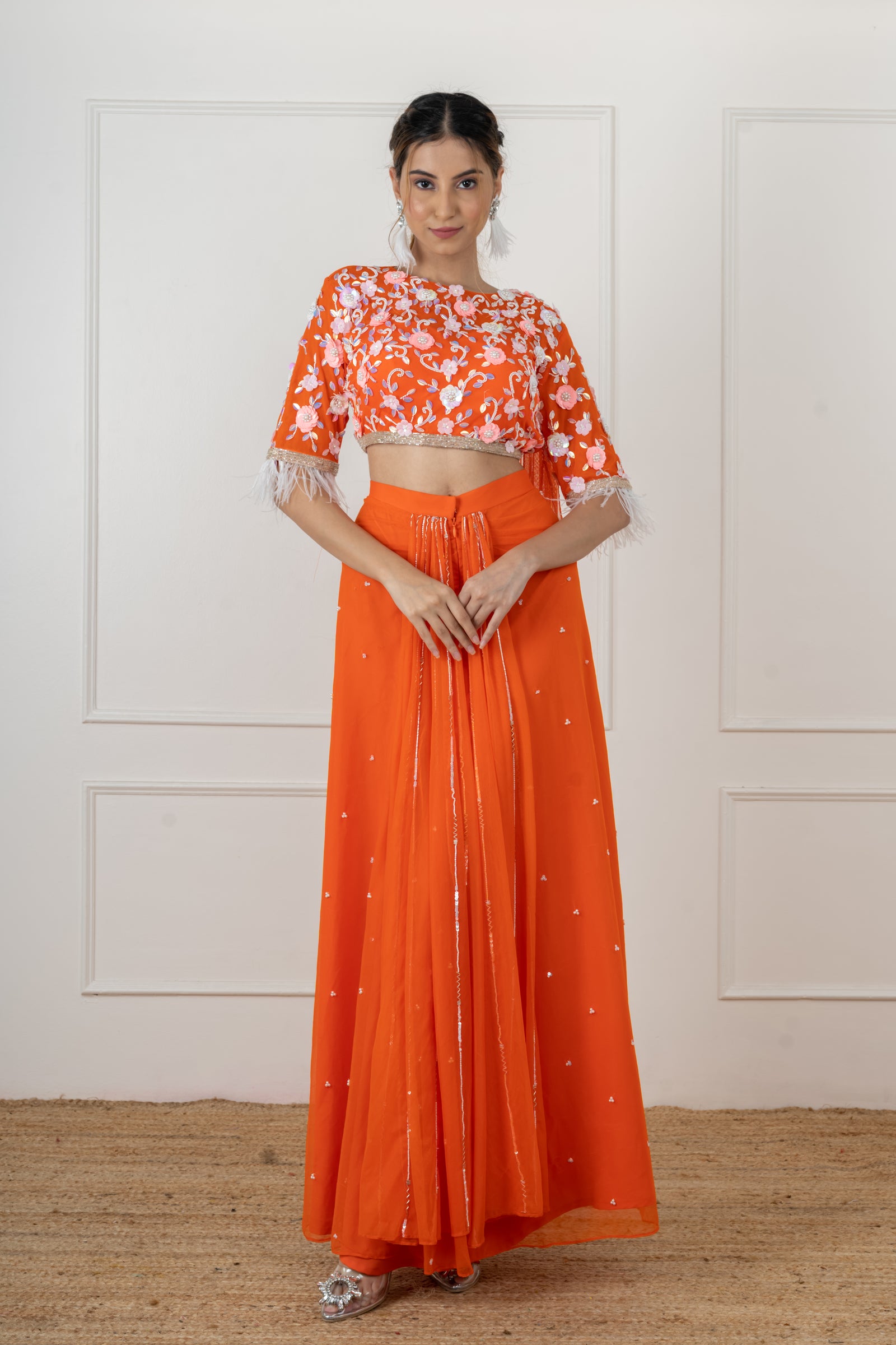 Orange draped handwork saree